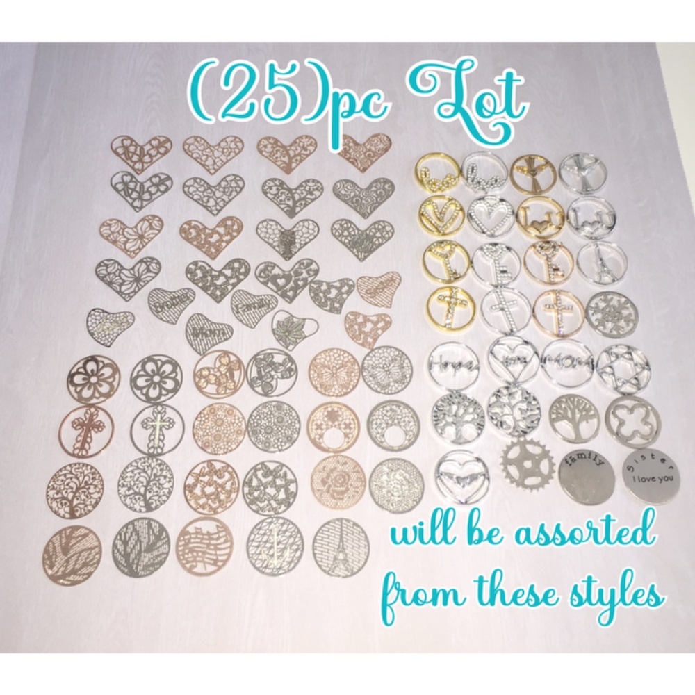 FL (25) pc Floating Locket Necklace Plates Charms 3D, Flat, Heart, Round